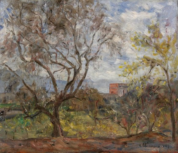 Paesaggio alberato, 1946, olio su cartone, cm 25x26,5, già collezione Casciaro, Napoli